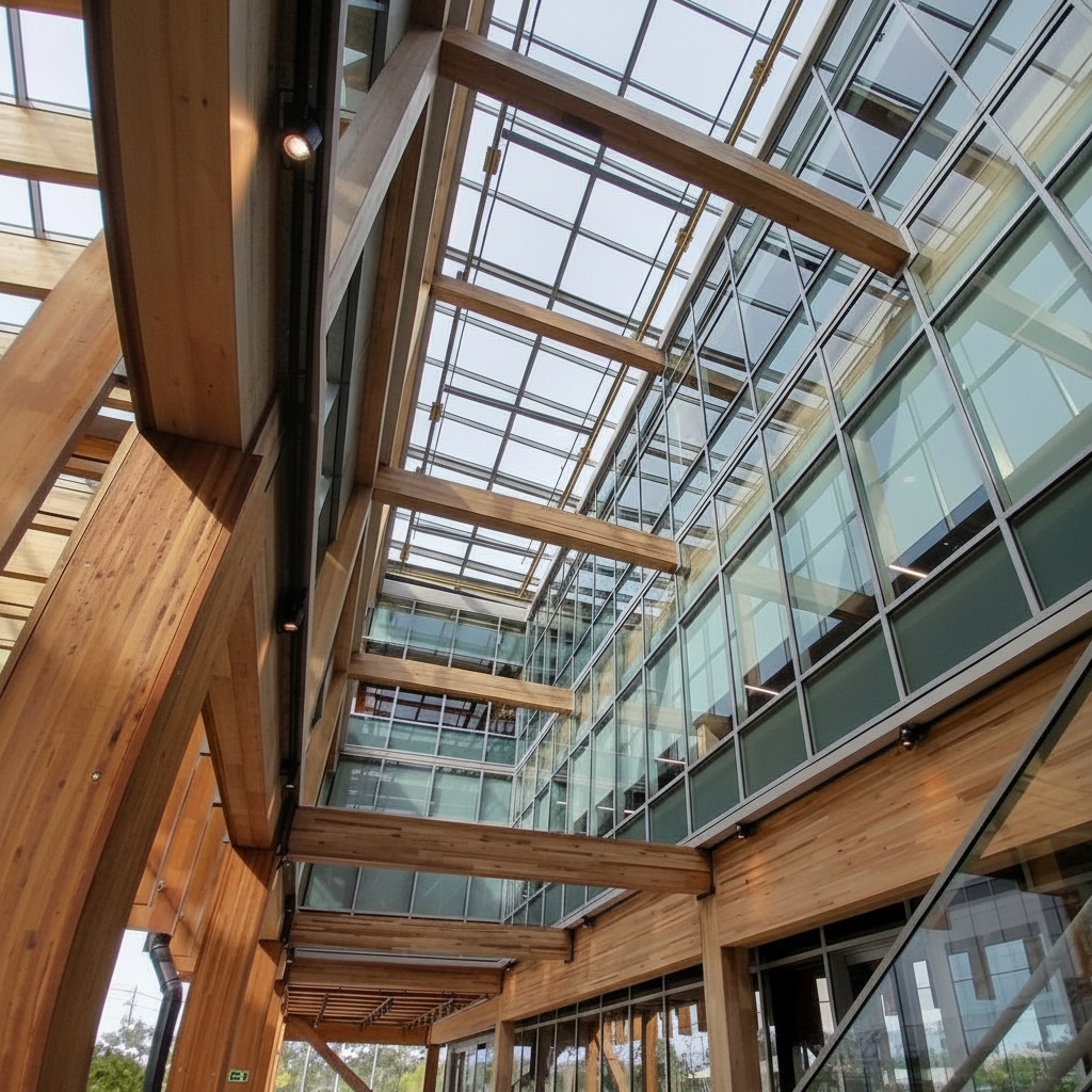 Átrio arquitetônico com estrutura em madeira, vidro temperado e luz natural zenital - MIA Engenharia